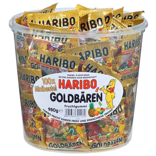 Billede af Haribo Små poser Vingummi Guld Bjørne  i plastbøtte 980 g.